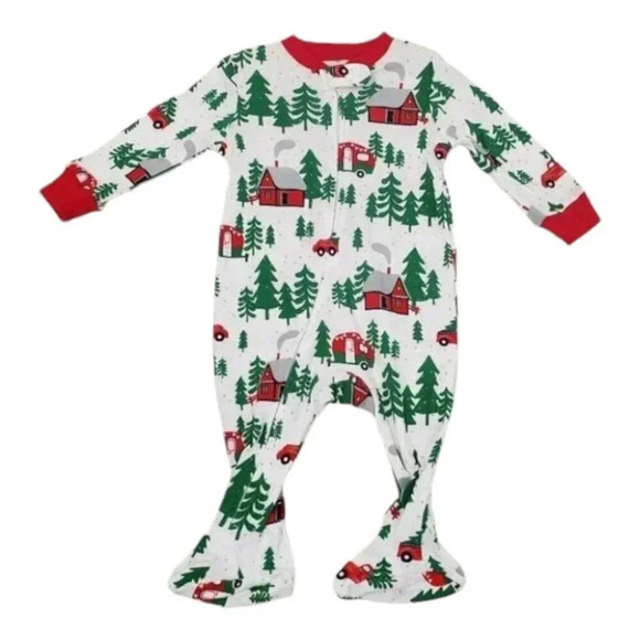 Holiday Time Other - 6-9 Month Infant Forest Theme White and Green Footed Christmas Onesies